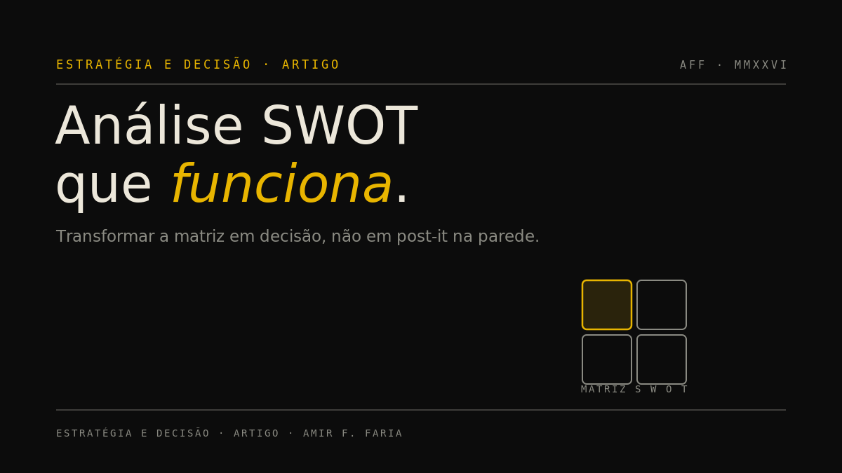 Matriz SWOT de quatro quadrantes sobre fundo escuro, com um quadrante destacado em ouro.