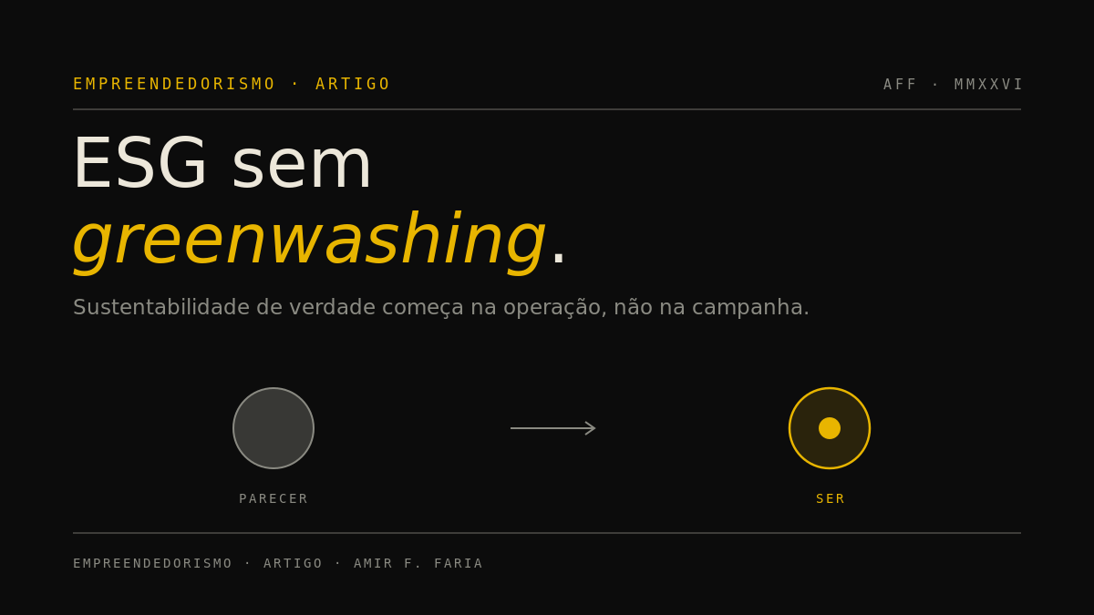Capa do artigo ESG sem greenwashing, com o contraste visual entre parecer e ser.