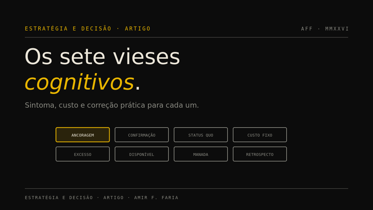 Capa escura do artigo sobre vieses cognitivos, com oito blocos em ouro nomeando cada viés, de ancoragem a retrospecto.
