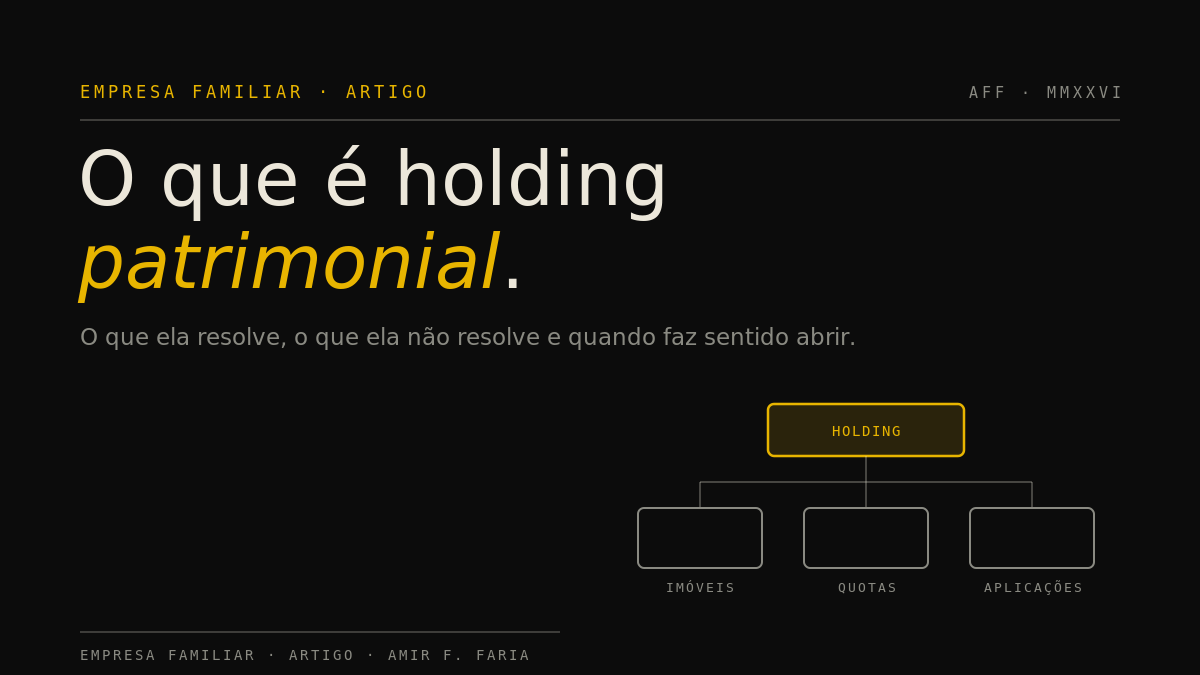 Arte em fundo escuro com o título O que é holding patrimonial e um diagrama ligando a holding a imóveis, quotas e aplicações